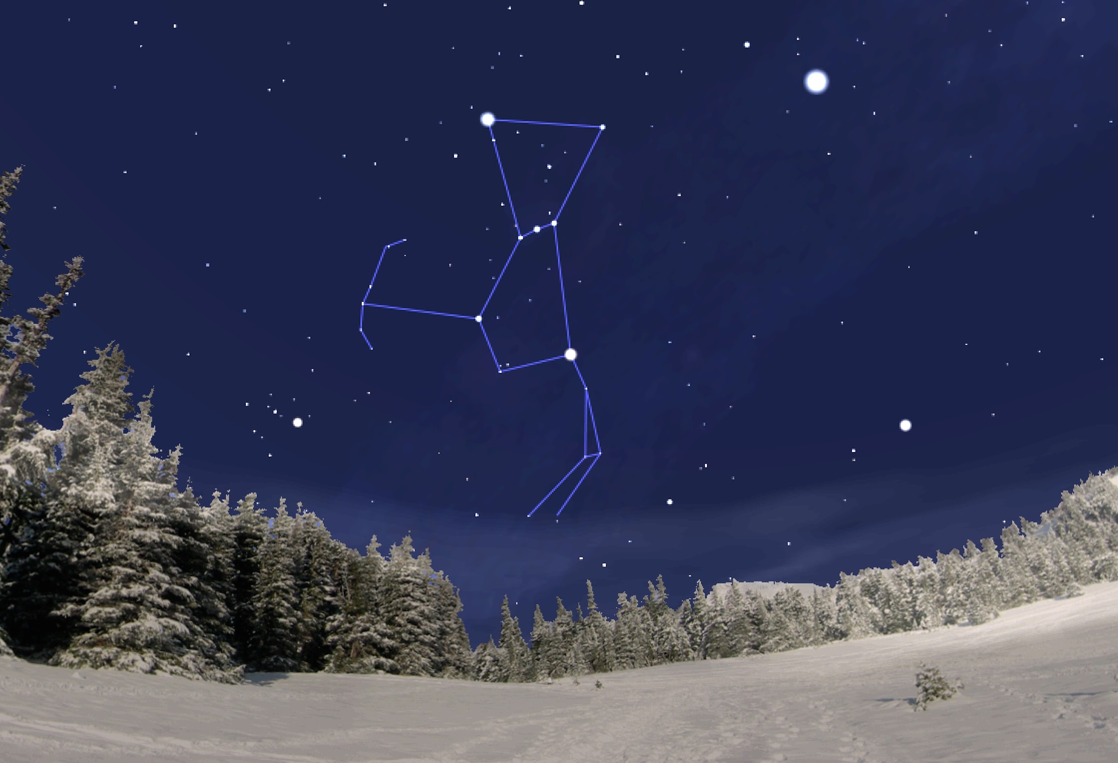 Image of snowy scene with Scorpius in sky