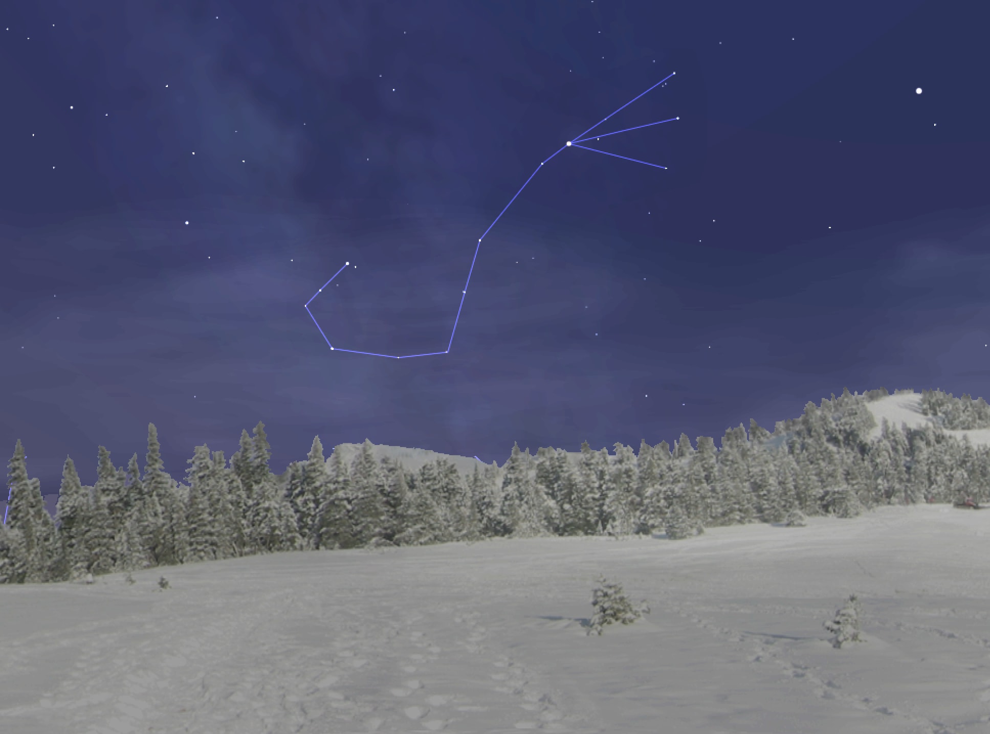 Image of snowy scene with Scorpius in sky