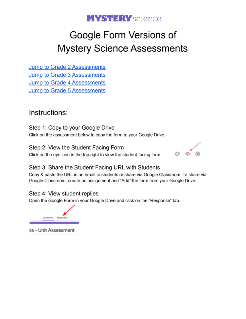 Google Form Versions of Mystery Science Assessments